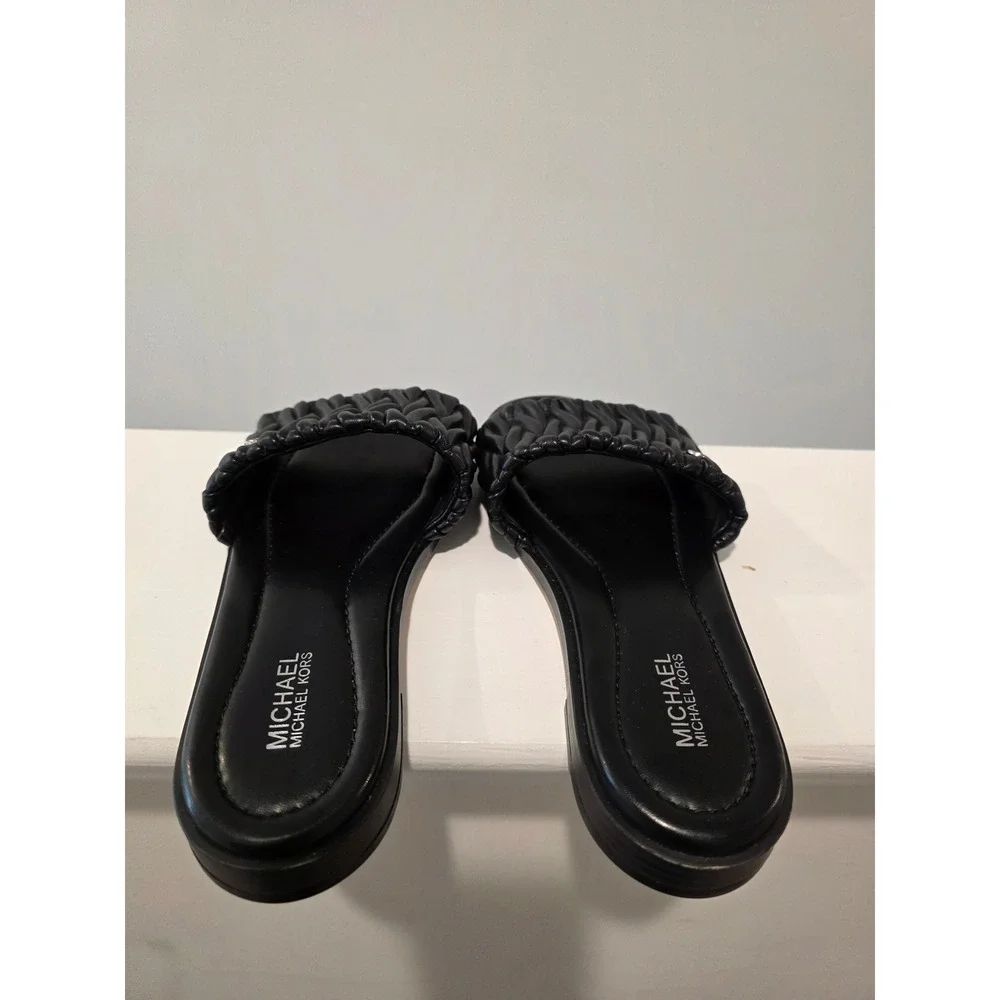 Women's sz 6 M Rare Michael Kors Carson Flat Slide Black Quilted Ruched Sandals